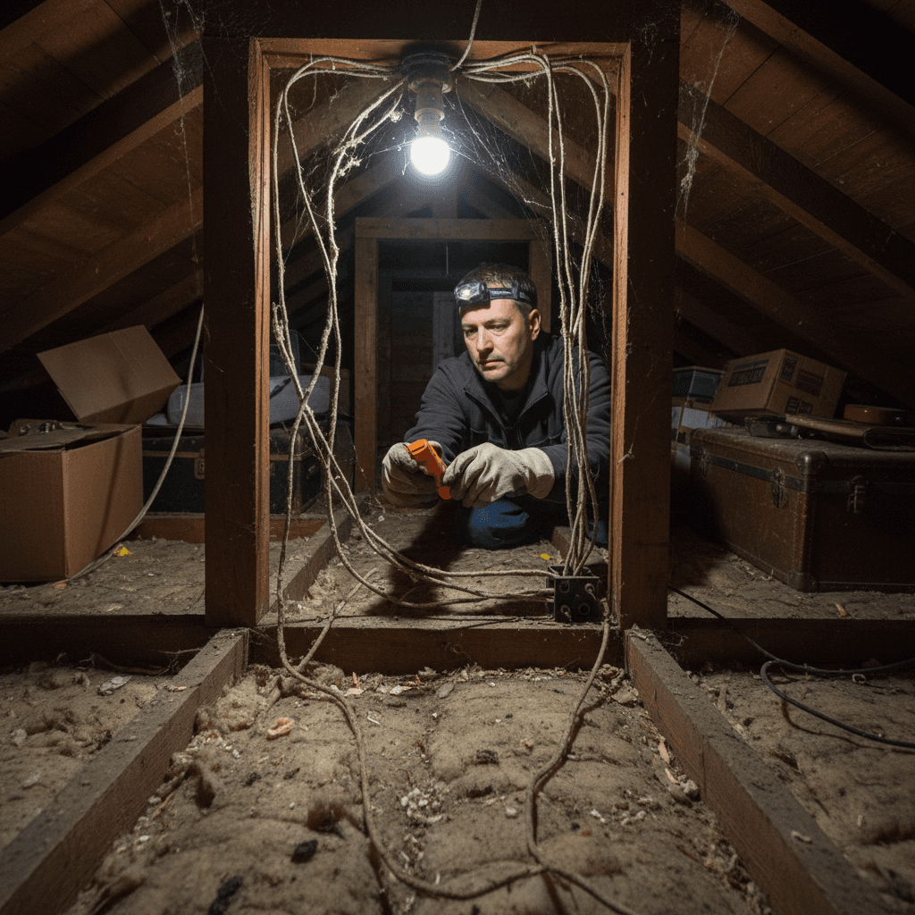 inspecting old electrical wiring in attic