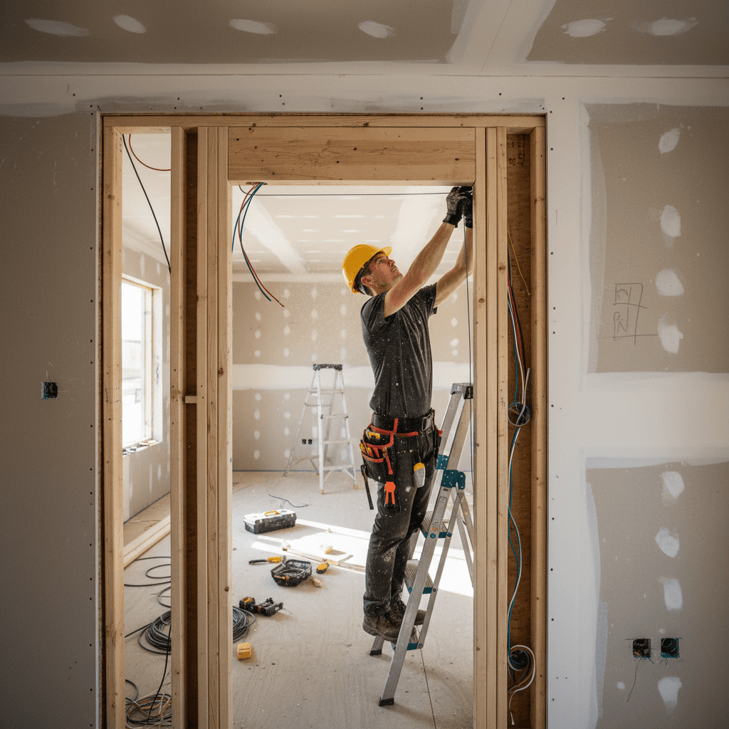 electrician pulling wire through wall cavity