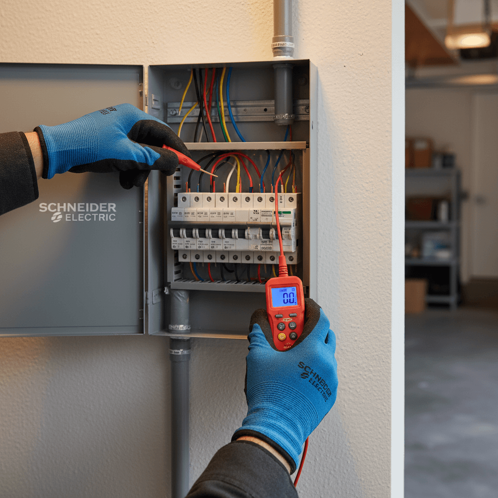 Professional electrician working on a service panel in a residential home
